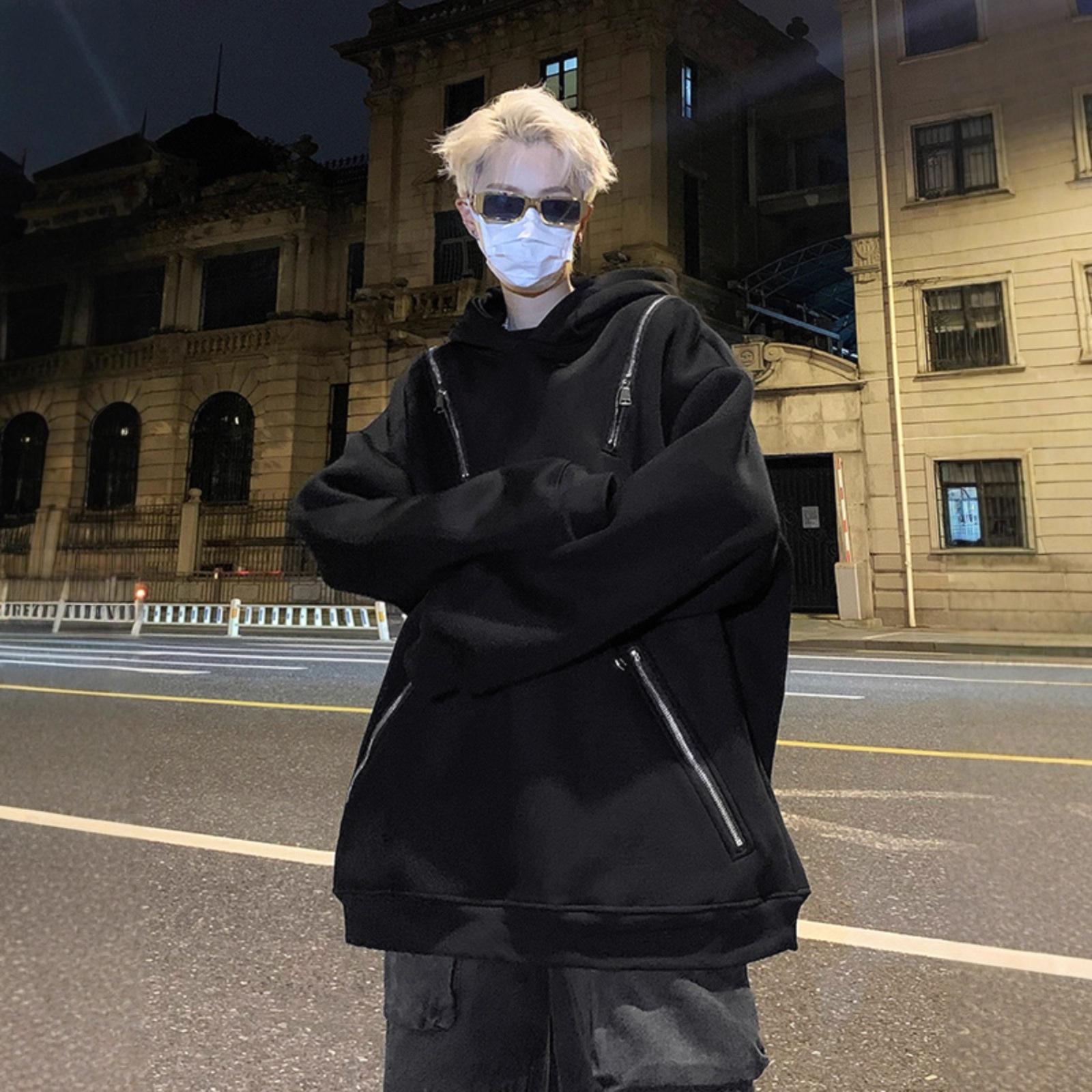 

Sweater Men s Metal Zipper Shoulder Pad Coat Cold Hoodie XXL