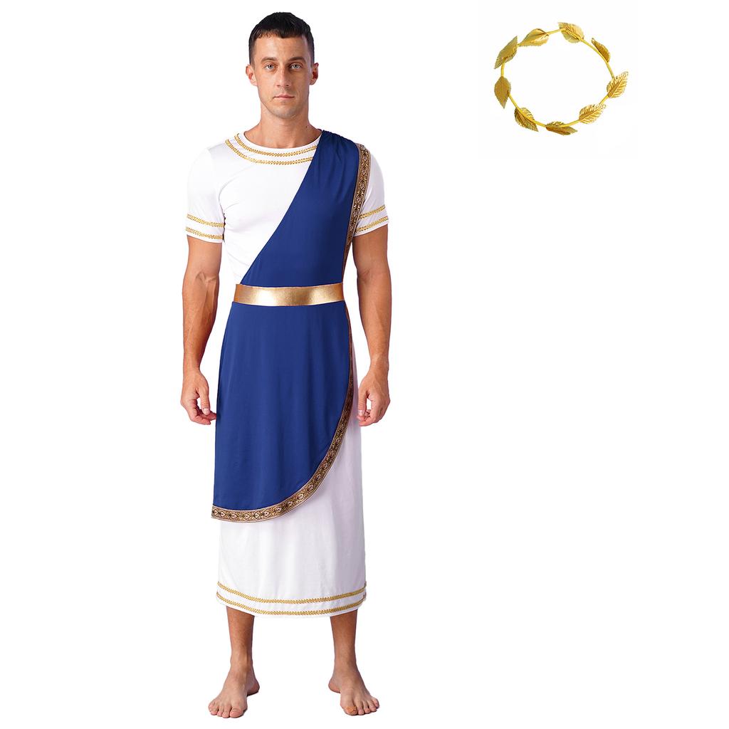 Mens Ancient Greek Toga Costume Short Sleeve Retro Gold Trim Roman Robe Headband Cosplay
