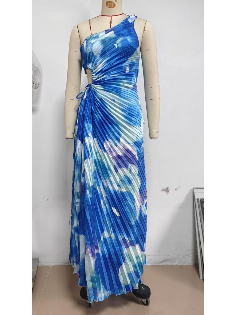 Elegant One-Shoulder Pleated Evening Dress with Waist Cutout - Spring/Summer Style
