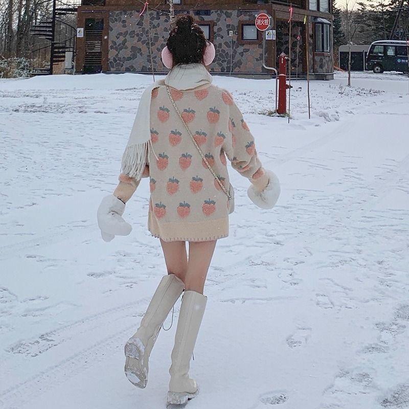 Women Peach Jacquard Solid Color Sweater Korean Loose Female Pullover Knitted Sweaters Autumn Lady Versatile Long Sleeved Tops