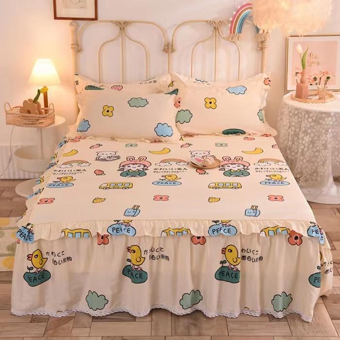 3pcs Sheet Set High Grade 100% Cotton Printed Bedspread King Queen Size Cute Pure Cotton Thick Bed Skirt with 2pcs Pillowcase