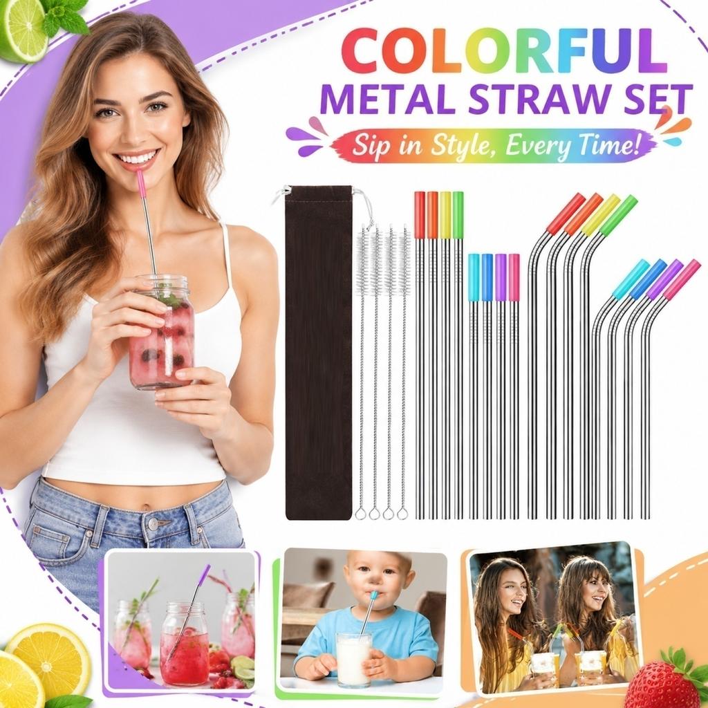 21 Piece Stainless Steel Straw Set with Silicone Tips and Cleaning Brushes Reusable Metal Straws for Cold and Hot Beverages Includes Carrying Pouch