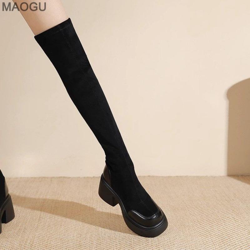 Women's Stretch Thigh High Boots Black Platform Over-the-Knee Modern Long Boots Fashion Slip on Short Plush Winter Botas Mujer