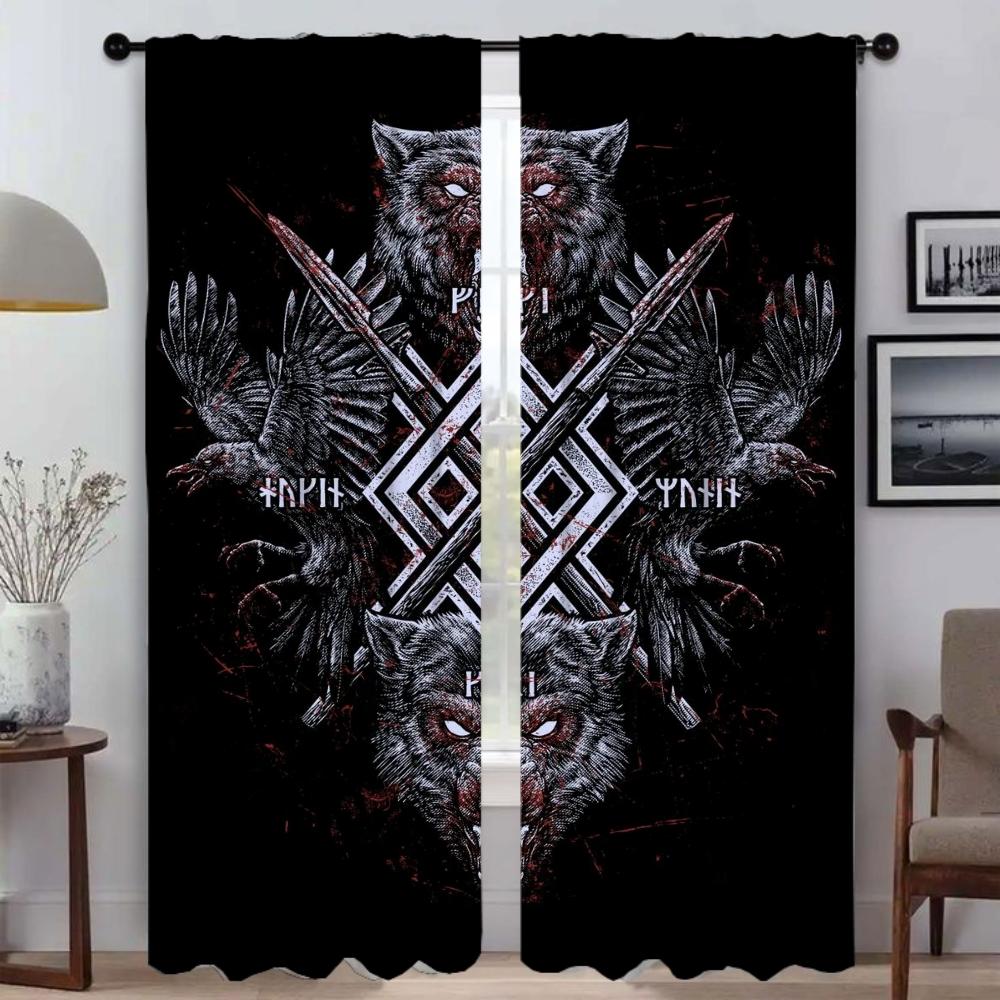 Vikings Odins Ravens Muninn Elegant Room Curtains 2 Pieces Window Curtain Shades Curtains for Bedroom Halloween Decoration Child
