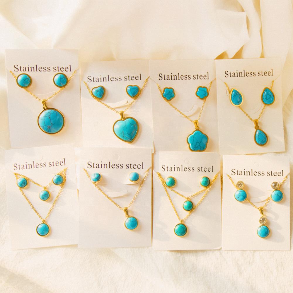 Songhua stone jewelry set female retro love shape round stud earrings necklace stainless steel jewelry set