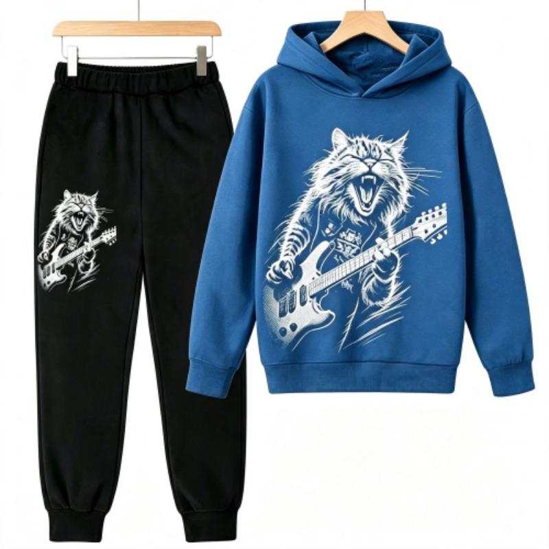 Fashion Rock Cat Guitar Player Animal Cat Print Kids Pullovers Pants 2-piece Set Street Casual Fashion Hoodies Vintage Boy's Girl Clothes