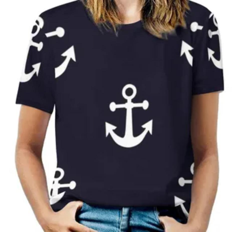 Tricou cu mânecă scurtă și gât rotund mărime plus XL-7XL pentru femei, topuri imprimate 3D cu model de ancoră de barcă