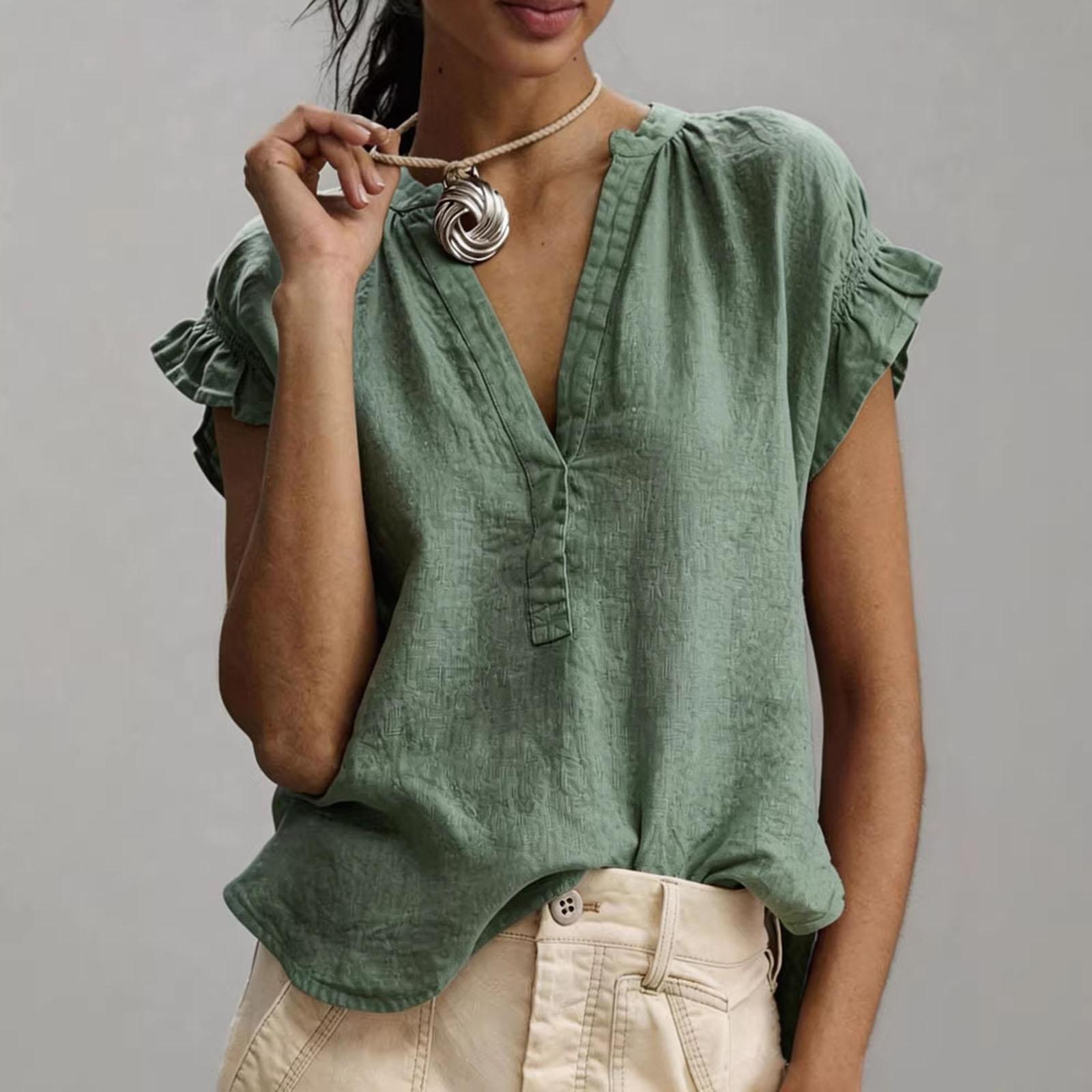 Women s Casual Ruffle Sleeve V-Neck Blouse, Loose Fit Textured Shirt, Cute Summer Sleeve Top L зелёный