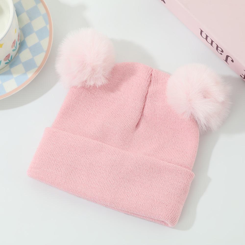 Core-Spun Yarn Double Pom-Pom Thick Knitted Hat for Autumn/Winter - Warm and Cute Style for Kids