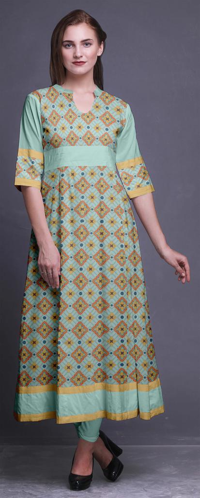 Bimba Gold Leaves & Peony Floral Printed Womens AnarkaliA  KurtiA  Kurta Flared Maxi Blouse