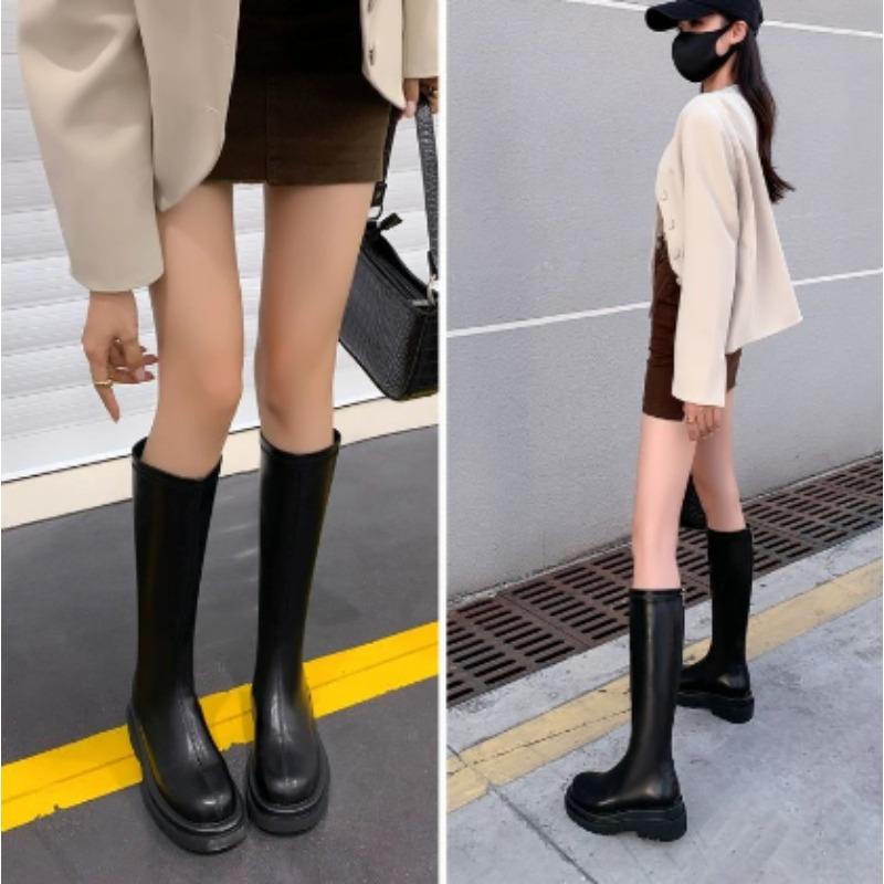 Platform Heel Women Knee-High Boots Fashion Cosy Soft Leather Shoes Autumn Winter Short Plush Women's Knight Long Booties