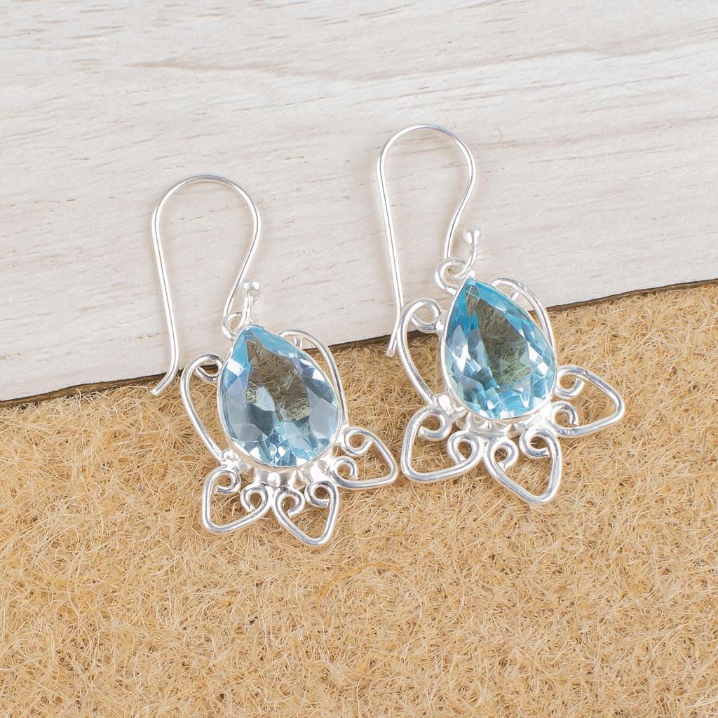 Himmelblauer Topas Edelstein Ohrring, 925 Sterlingsilber Schmuck, Handgefertigter üppiger Silber Ohrring Geschenk für die Liebe