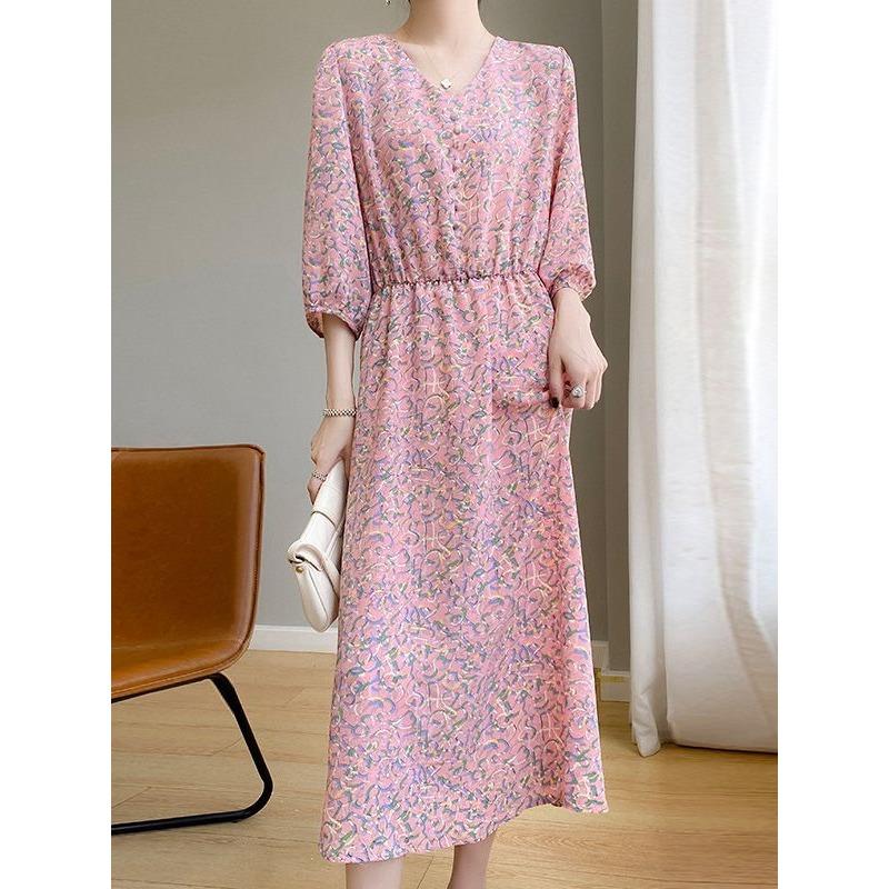 Acetic Acid Satin V-neck Dress for Women Summer New Versatile Floral Midi Skirt High-end Light Luxury Long-cut Skirt Three-quarter Sleeves