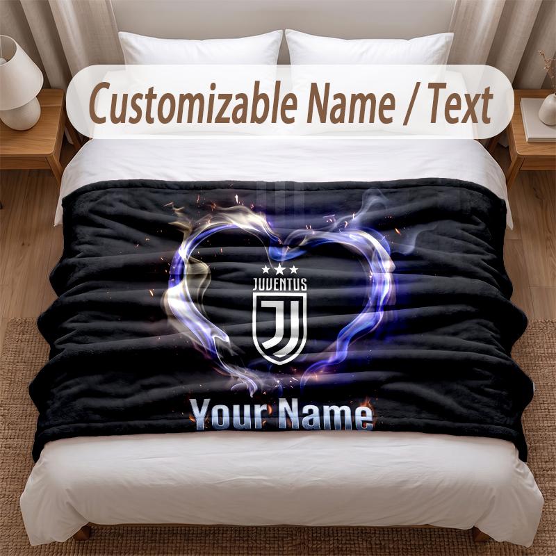 Juventus FC Printed Flannel Blanket Custom Name Text Soft Warm Throw For Bedroom Holiday Gift