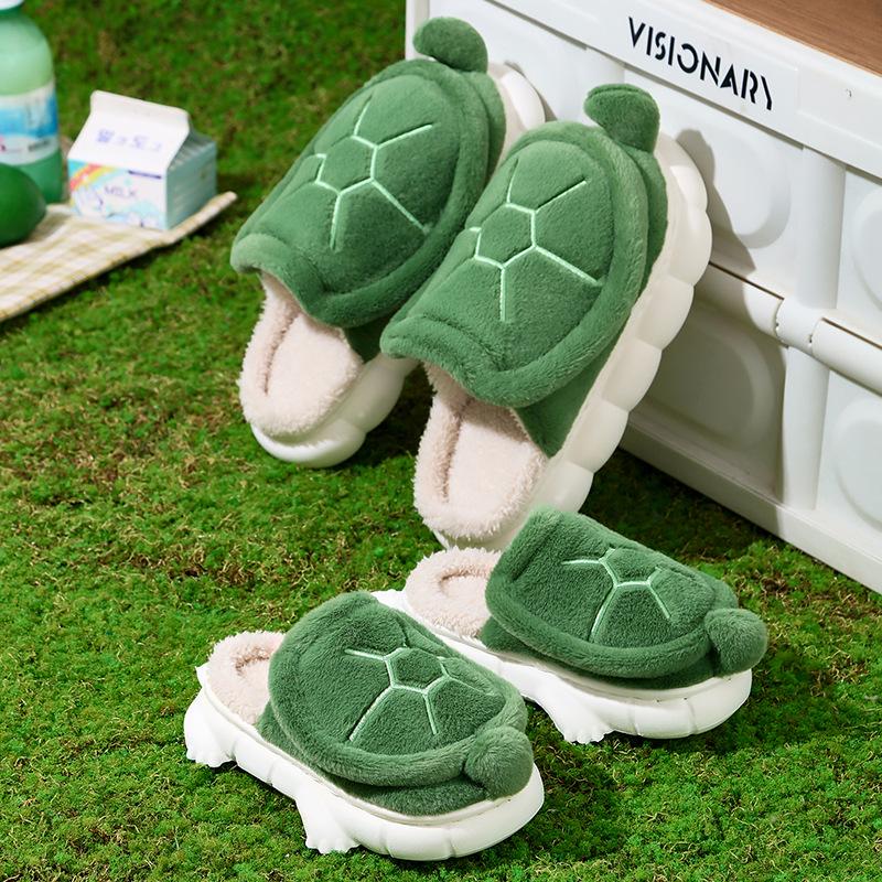 Creative Cute Turtle Cotton Slippers for Kids - Warm, Plush, Thick-Soled Winter Indoor Shoes