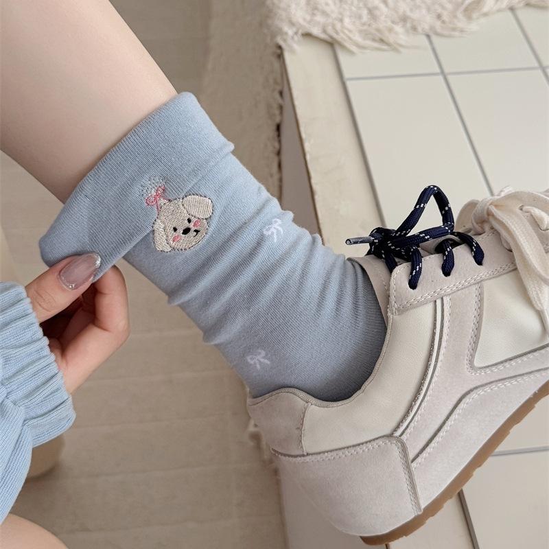 Cute Cartoon Embroidered Socks with Unique Flanges, Trendy Female Dachshund, Pure Cotton Butterfly Mid-calf Pile Socks
