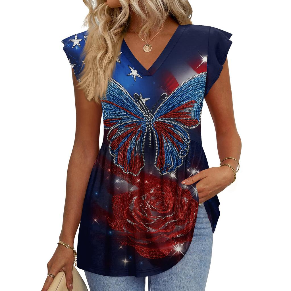 Women’s V Neck Short Sleeve Tunic Top with Flag and Floral Print Loose Fit Soft Fabric Casual Blouse for Summer