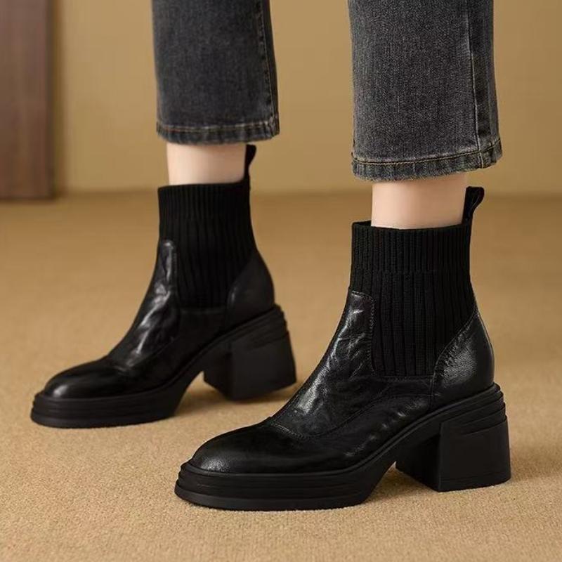 Fashion Autumn Warm Knitted Stretch Sock Boots for Women Retro Brown Sewing Design Platform Boots Comfort Waterproof Chunky Heel Boots