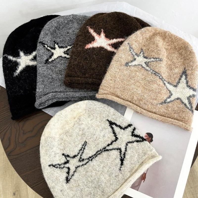Korean Retro Pentagram Pulling Craft Beanies for Women Autumn Winter Fashion Warm Ear Protection Versatile Casual Pullover Hat