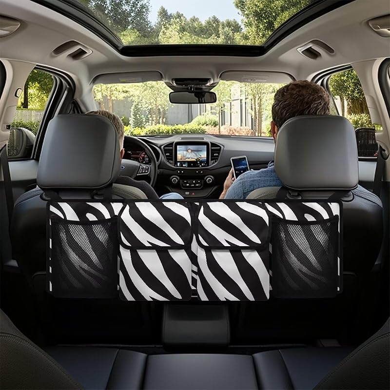 

Органайзер для багажника автомобиля с принтом коровы, сумка для хранения на спинке заднего сиденья с 4 карманами, подвесной органайзер для хранения груза в багажнике, универсальные автоаксессуары для седанов, внедорожников, грузовиков зебра печати
