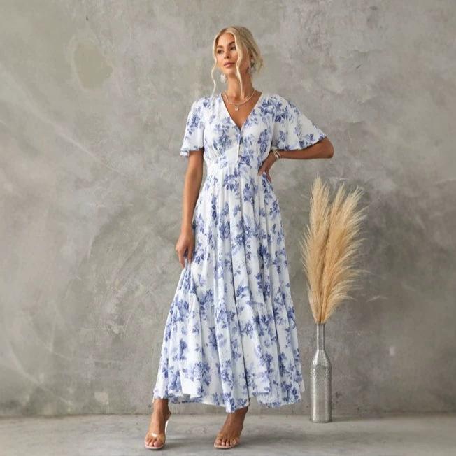 European and American New Large-size Women's Clothing for Printed Dresses, Short-sleeved Waist A-shaped Long Dresses for Women's French Retro