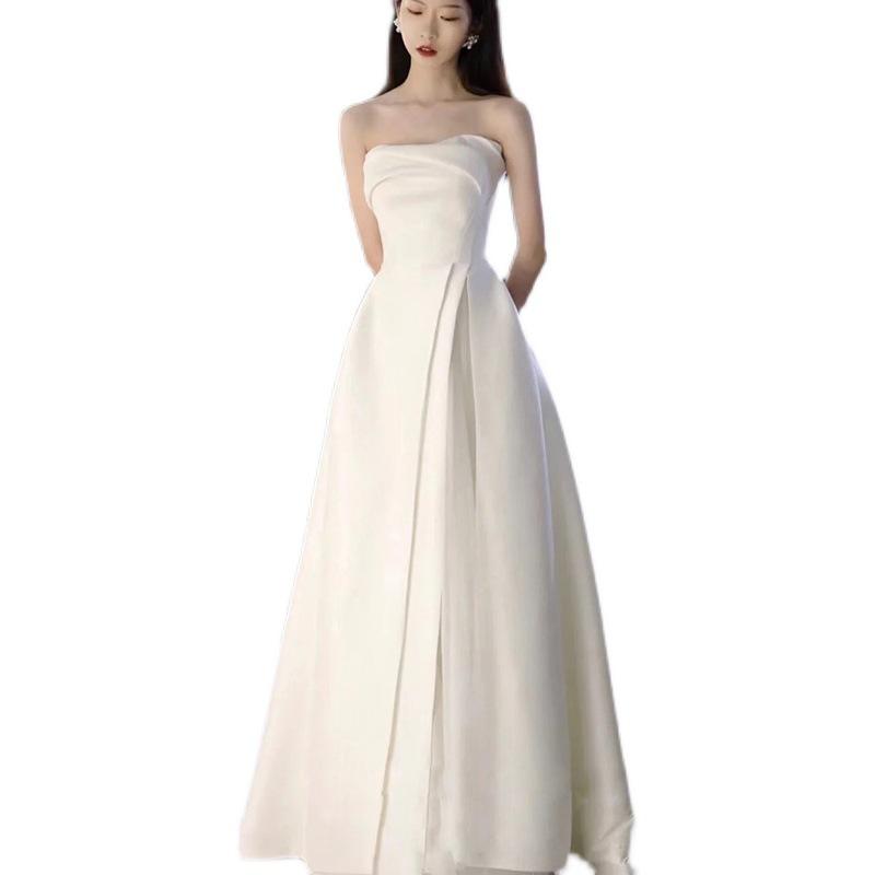 French tube top light main wedding dress new bride small temperament simple satin going out yarn court style