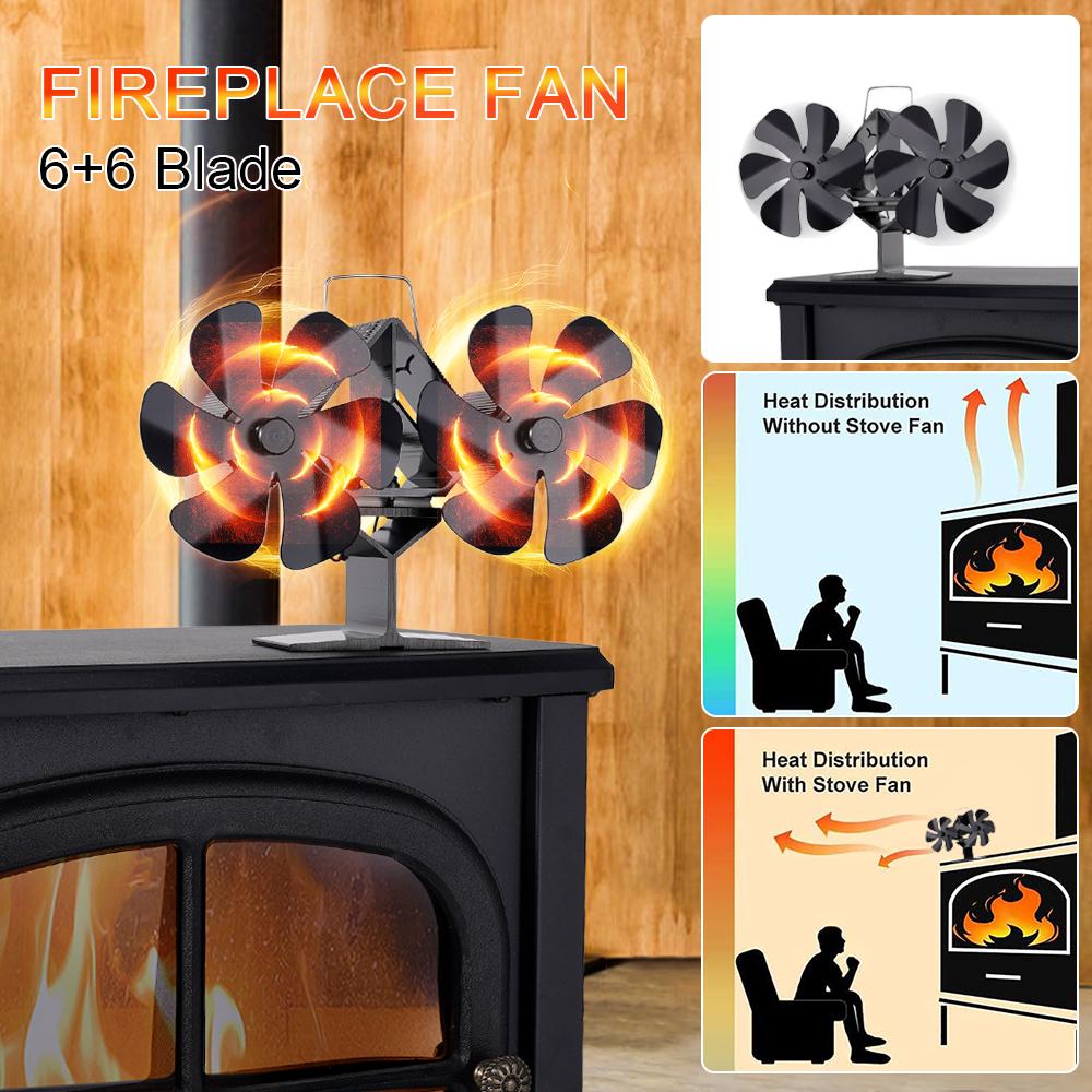 12 Blade Wood Stove Fan Heat Powered Fireplace Fan Log Wood Burner Double Head Fan Quiet Home Thermal Cycle Warm Air Heating