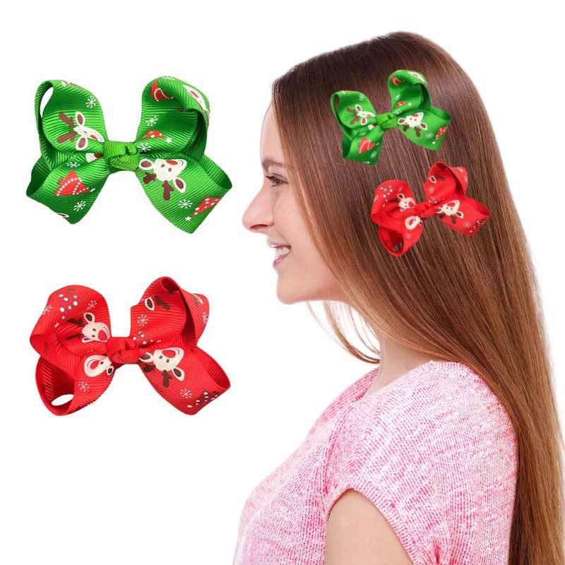 Christmas Reindeer Bow Hair Clip - Red & Green Accessory