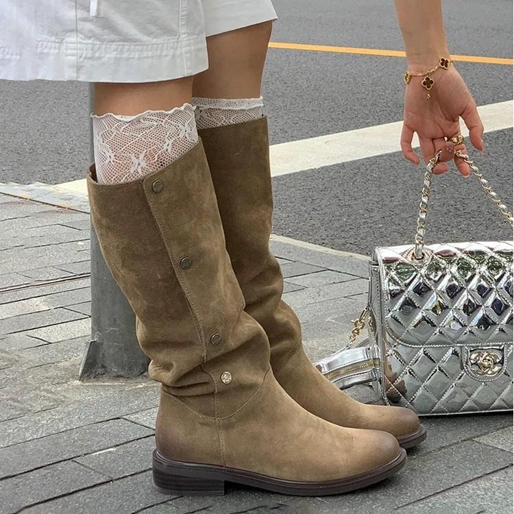 Cowhide version thin pleated piled boots women's boots thick heel retro two wear western boots suede versatile knight boots