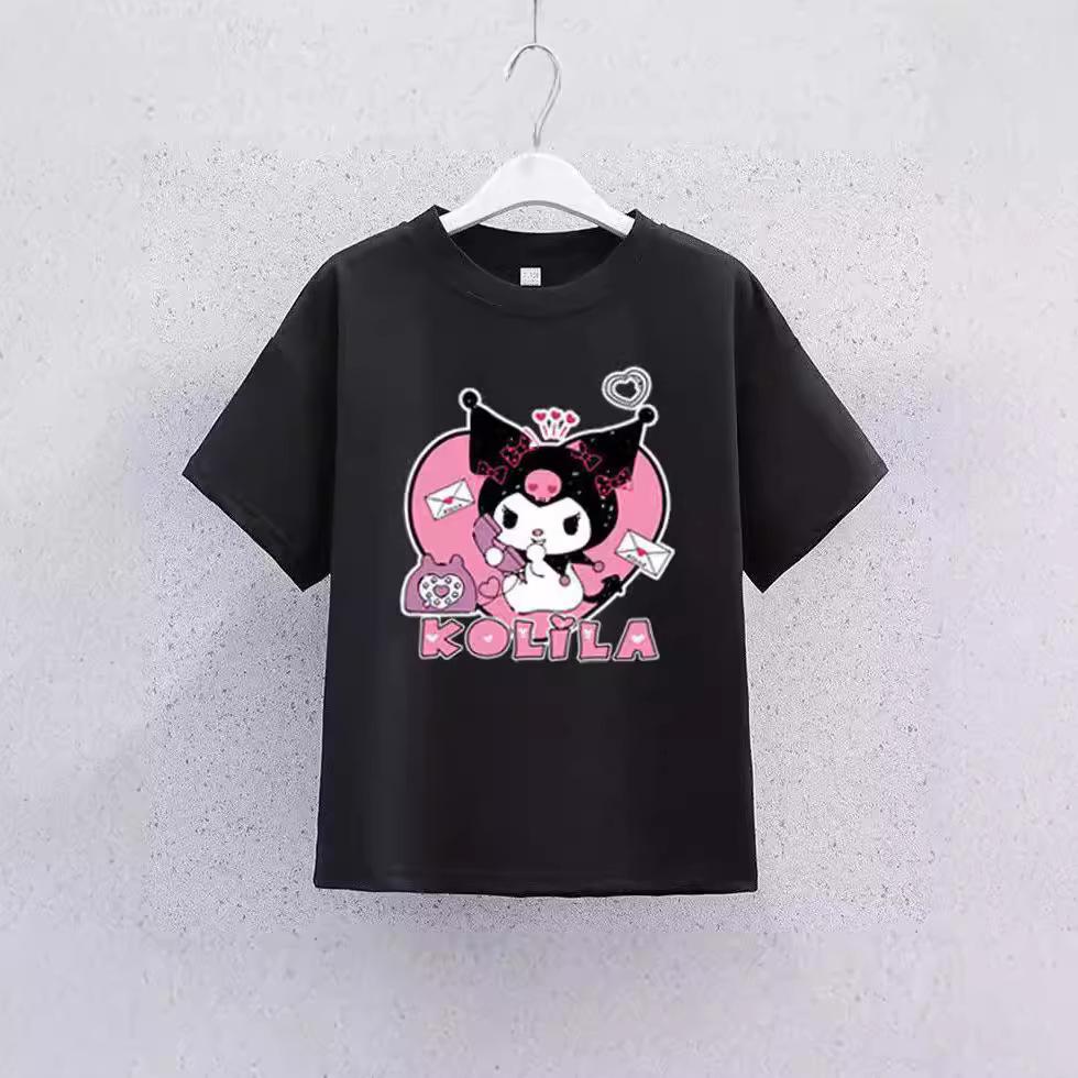 New Childrens Tshirt Cute Kuromi Style Pure Cotton Printed Parentchild Outfit Round Neck Casual Versatile Pure Cotton Top