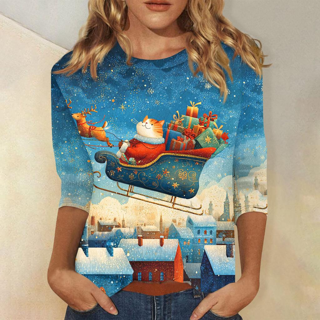 3/4 Sleeve Shirts For Women Print Christmas Tees Blouses Casual Plus Size Basic Tops Pullover