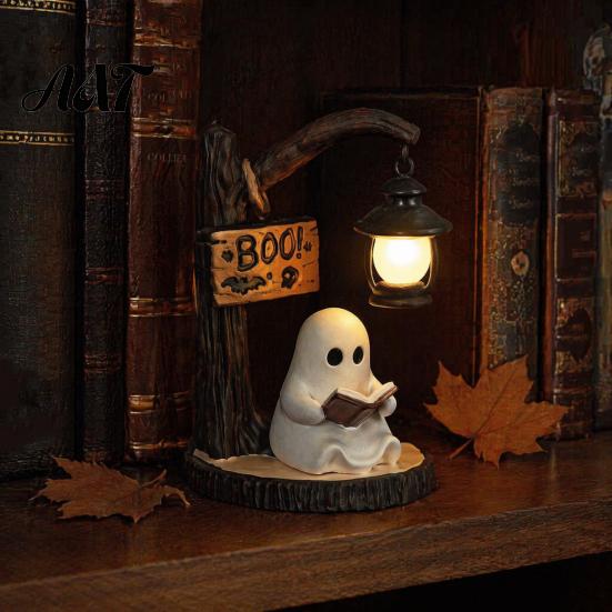 Cozy Halloween Atmosphere Light Hanging Ghost Night Resin Figurine, Vintage Farmhouse Glowing Tabletop Ornament, Country Style Display Warm