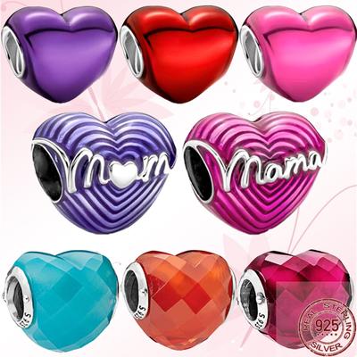 Mom Heart Shaped Charm 925 Sterling Silve Metallic & Murano Glass Beads Fit Original Fasion Bracelet DIY Women Jewelry Gift