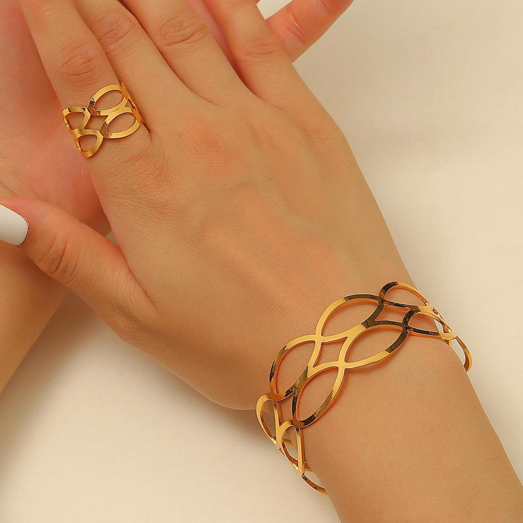 Bold Leopard Print Geometric Bangle & Ring Set - Adjustable Hand Jewelry for Women
