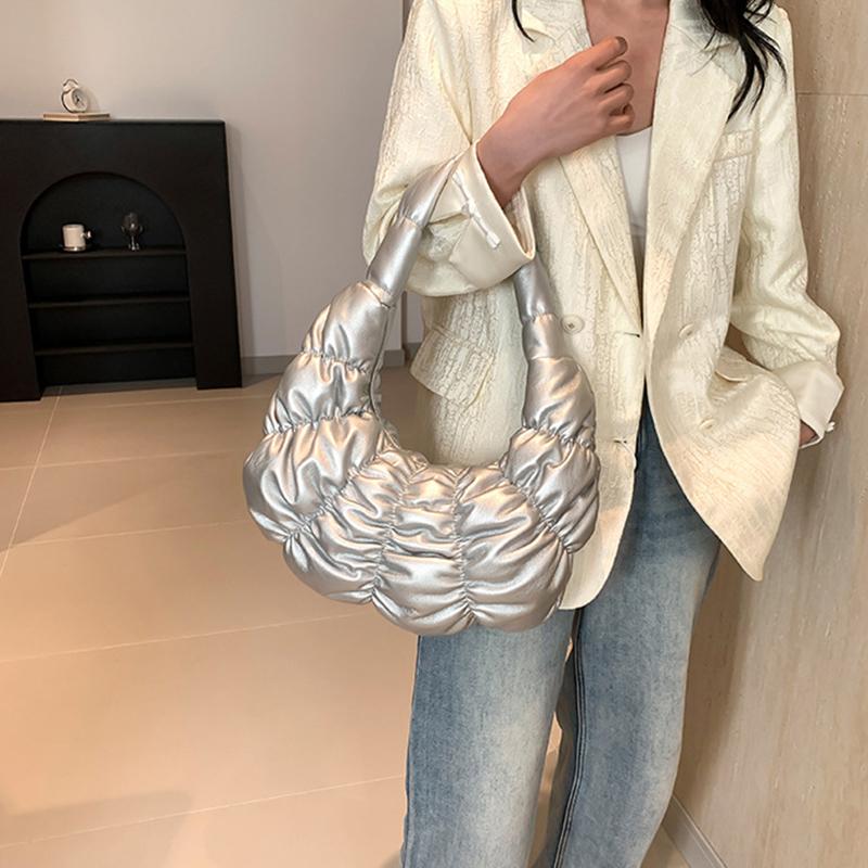 Quilted Padded Crossbody Bag for Women Ruched Shoulder Cloud Bag PU Leather Half Moon Hobo Bag Bubbles Handbag Purses AVE