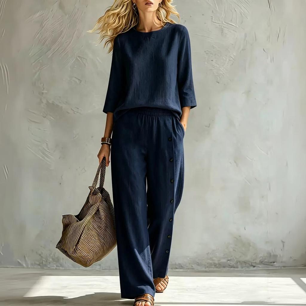 Women's Casual Two-Piece Set with Button Color Loose Fit for Everyday Wear