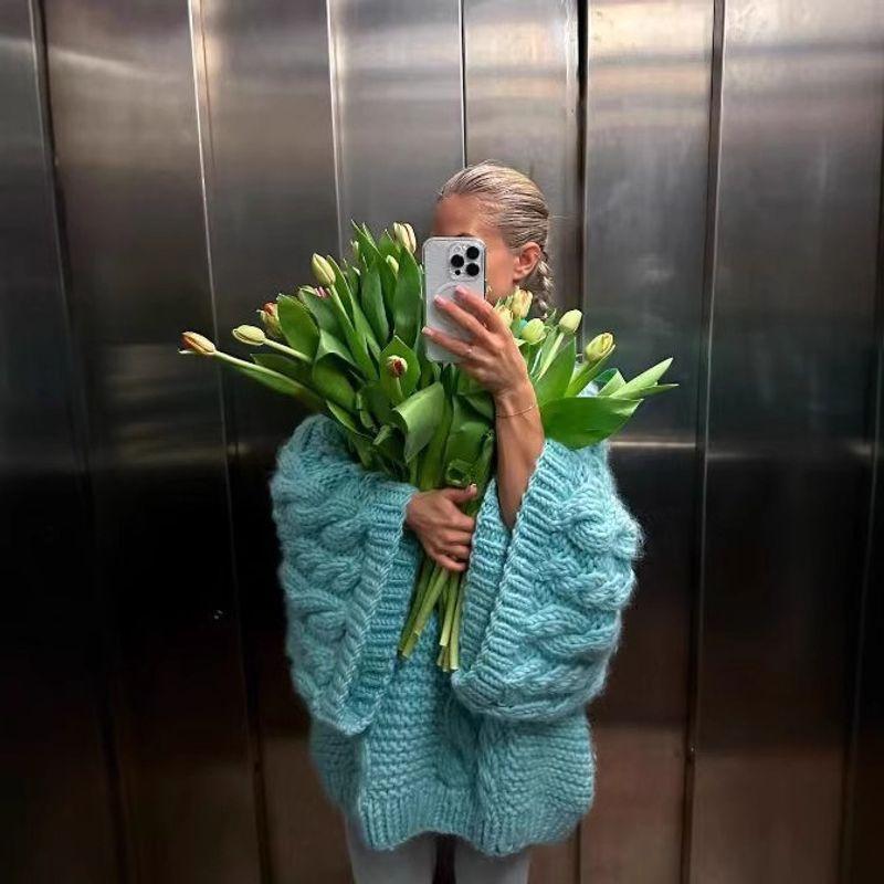 Flared Sleeve Sweater European and American Women's Clothing Fall/Winter Hot-Selling round-Neck Flared Sleeves Knitted Loose Sweater