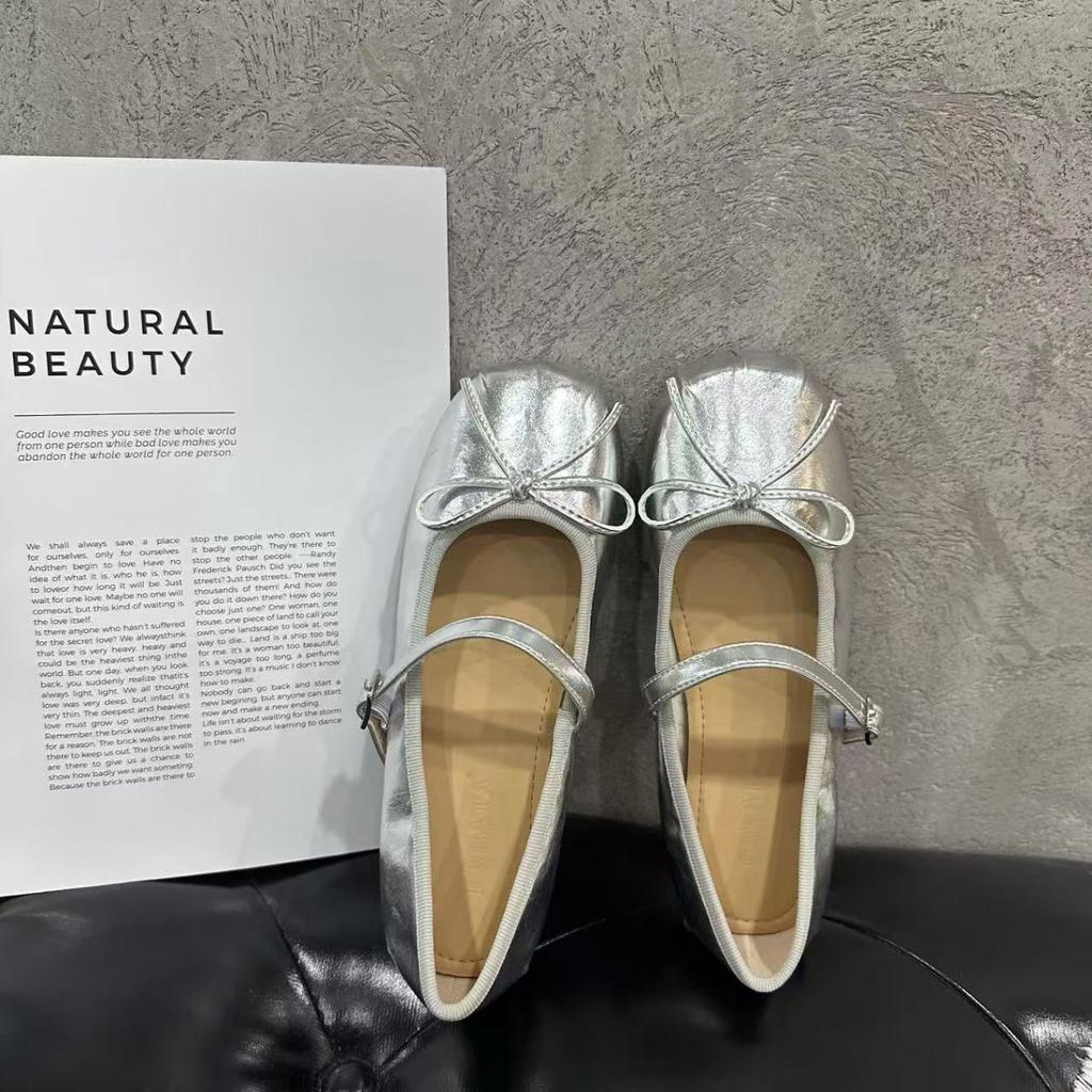 French Flat-bottomed Silver Bow Versatile Mary Jane Shoes 2025 New Summer Light Mouth with Skirt Ballet Shoes