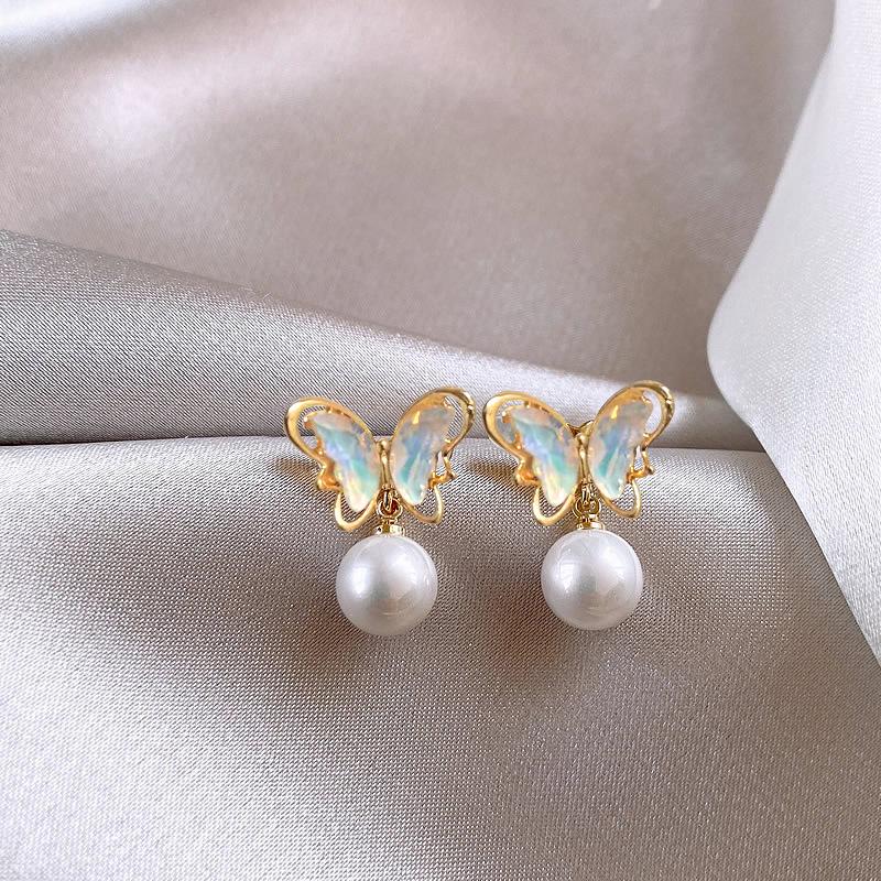 Iridescent Butterfly & Pearl S925 Silver Stud Earrings - Elegant, Versatile & Fashionable