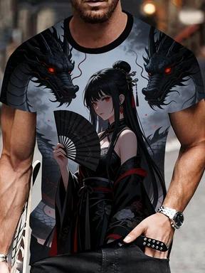 A 3D Printed T-shirt Featuring Anime Dragons and Women, Casual Round Neck and Short Sleeves for Men, Suitable for All Seasons, Regular Fit