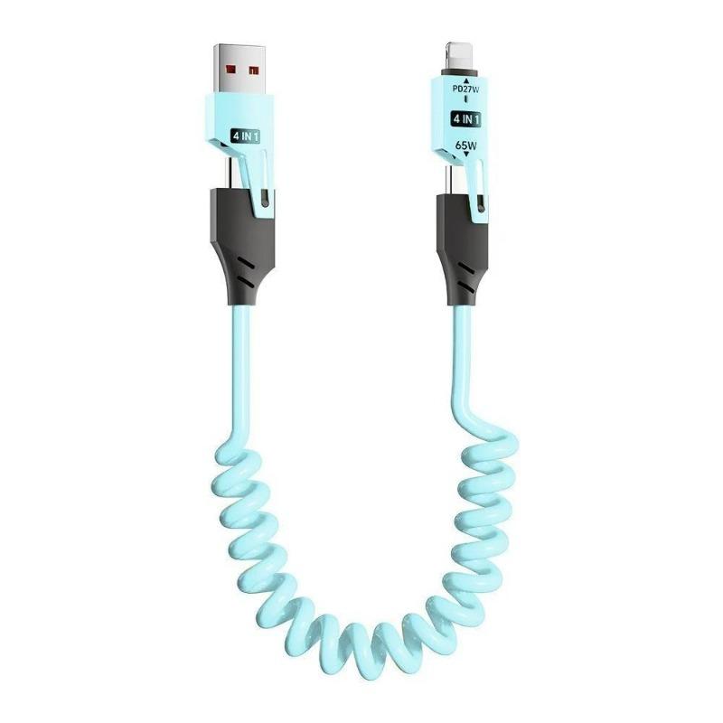 1PC car spring data cable 65W telescopic four-in-one fast charging, suitable for Huawei Apple 15/16 universal charging cable