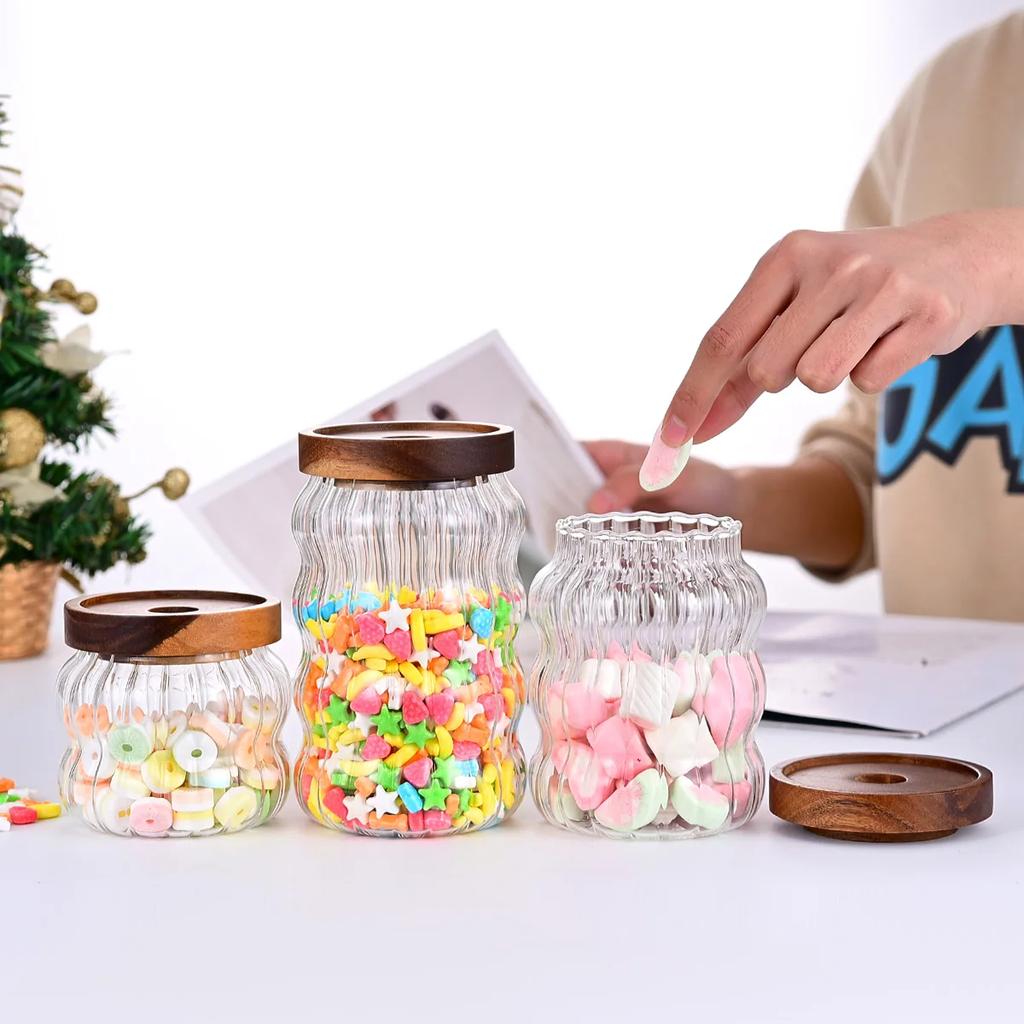 Capac de lemn cu dungi din sticlă, sticle de depozitare sigilate, borcane pentru ceai, cafea, boabe, bomboane, organizator, recipiente din sticlă pentru alimente, bucătărie