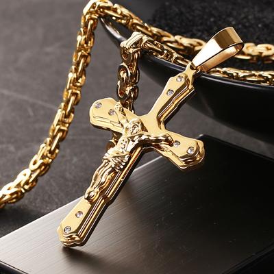 New Arrival Jesus Cross Crystal Pendant Necklace Link Byzantine Gold Color Stainless Steel Men Jewelry Collier 21.65" 6mm MN81