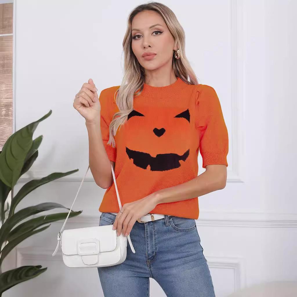 Halloween Women's Slim Fit Pumpkin Smile Knit Top - Short Sleeve Round Neck Sweater