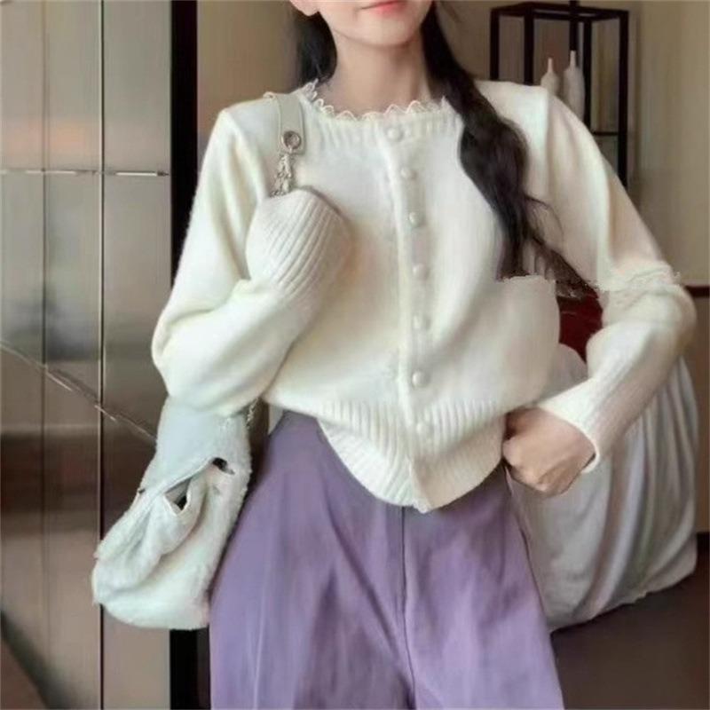 Crew neck sweater women's autumn new temperament lace knitted cardigan jacket top women