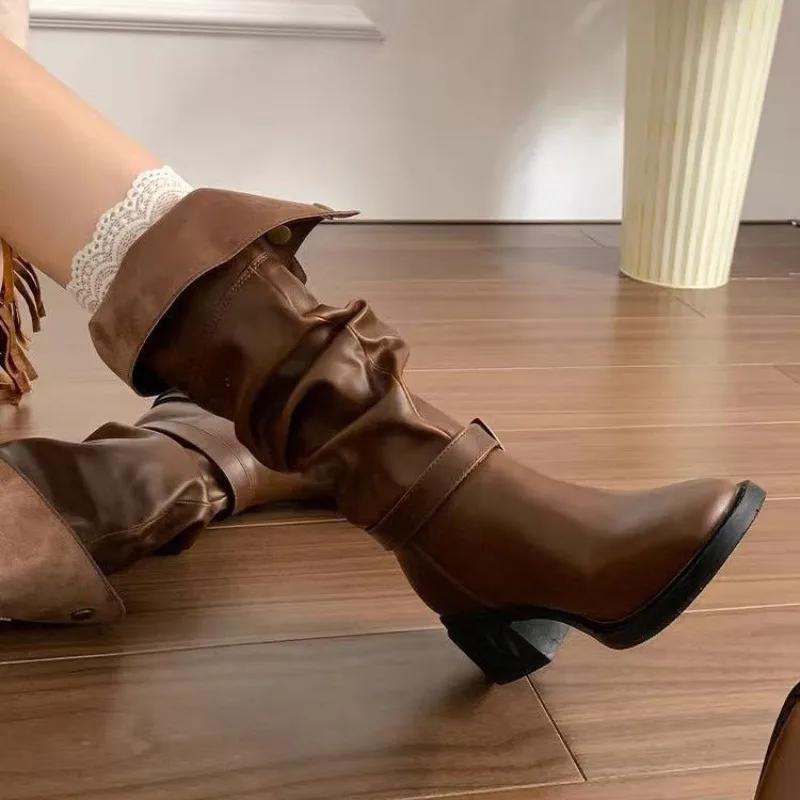Fashion Block Heel Fold Retro Pleated Women 2025 Autumn and Winter New Block Heel Long Tube Knight Boots