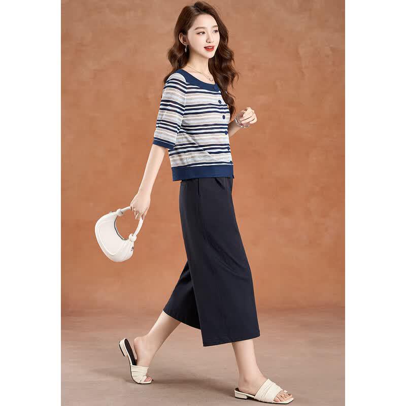 Women's Striped Button-Up Top & Cropped Pants Two-Piece Set
