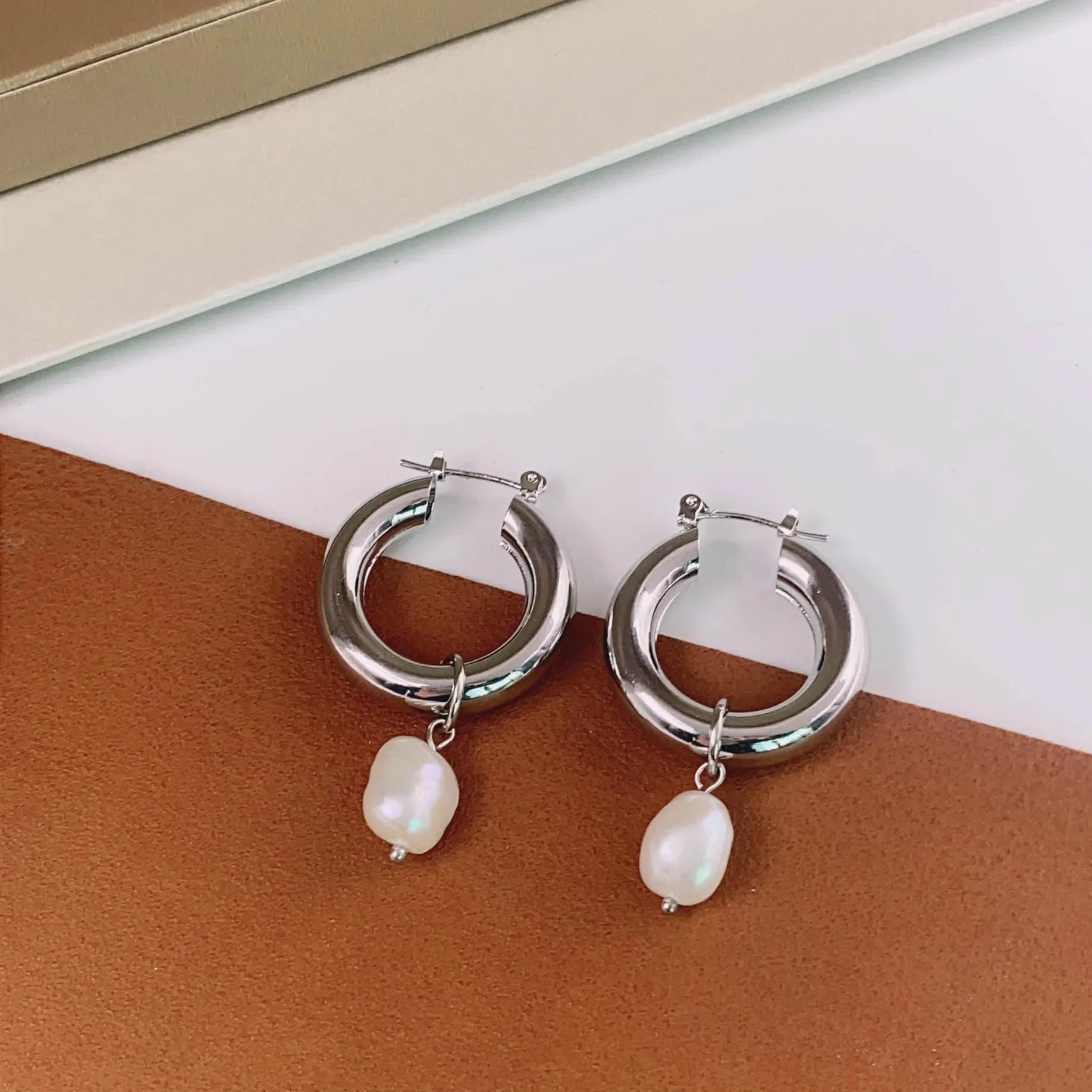 14K Gold Plated Natural Freshwater Pearl Hoop Earrings For Women Classic Fashion Jewelry
