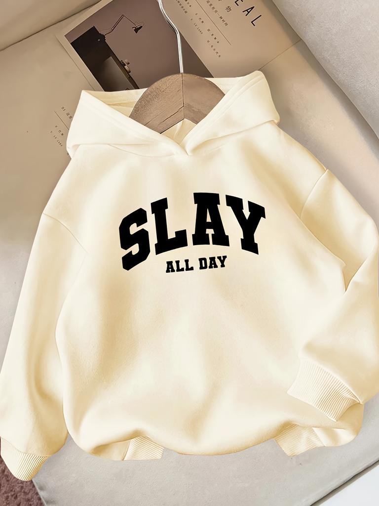 SLAY ALL DAY Huvtröja Casual Långärmad Vintertröja med Tydlig Text Vinterkläder för Flickor Bekväm Passform