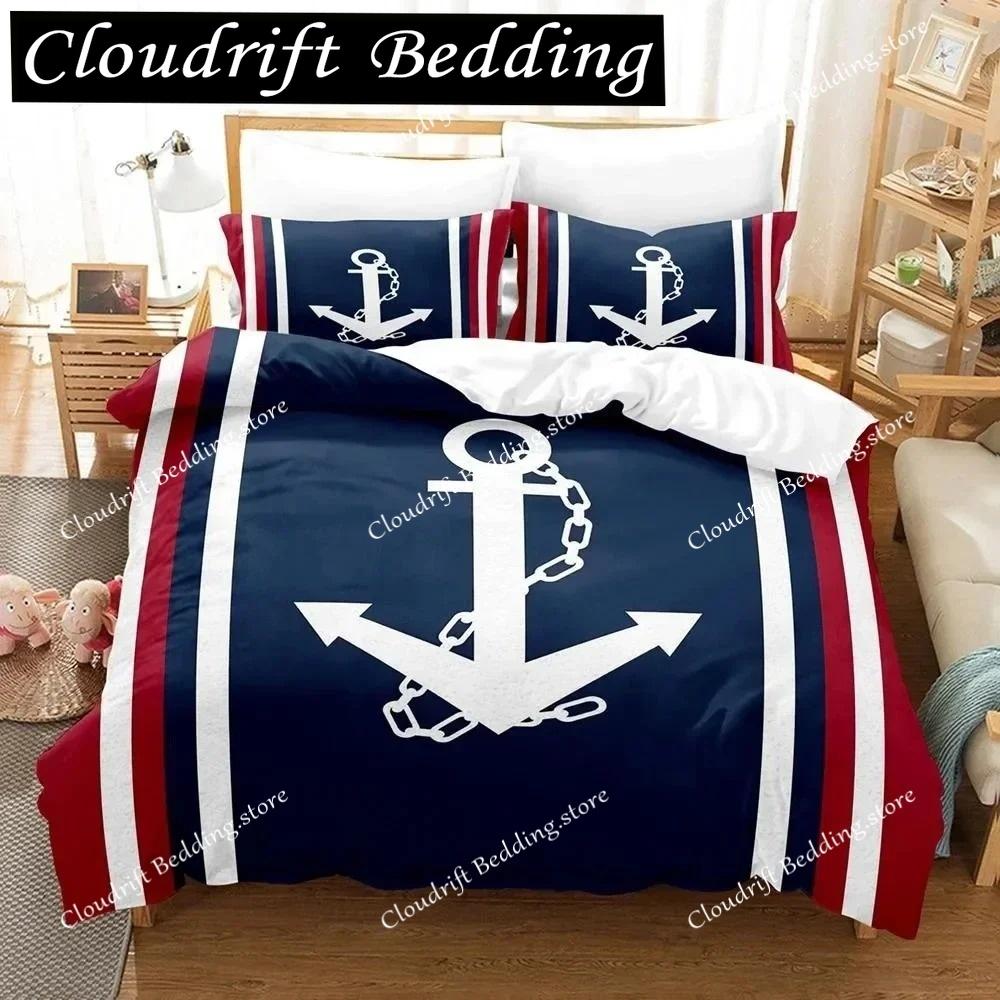 Anchor Duvet Cover Set,Nautical Classic Colors And Anchors Simplistic Design Sailor Ship Polyester Fashion Bedding Set